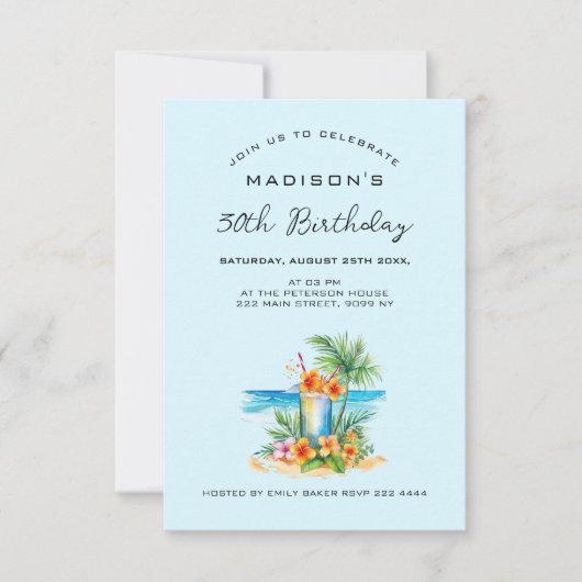 Cocktail en Exotische Bloem Op Blauwe Verjaardag Kaart (Voorkant)