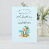 Cocktail en Exotische Bloem Op Blauwe Verjaardag Kaart (Staand voorkant)