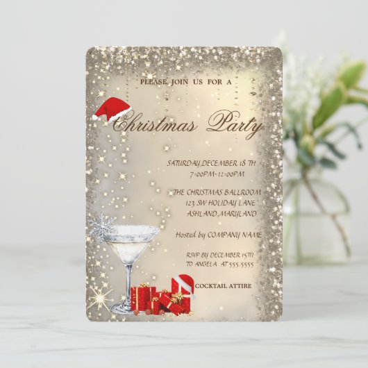 Cocktail Glass Santa Hat Presents Christmas Party Kaart (Staand voorkant)