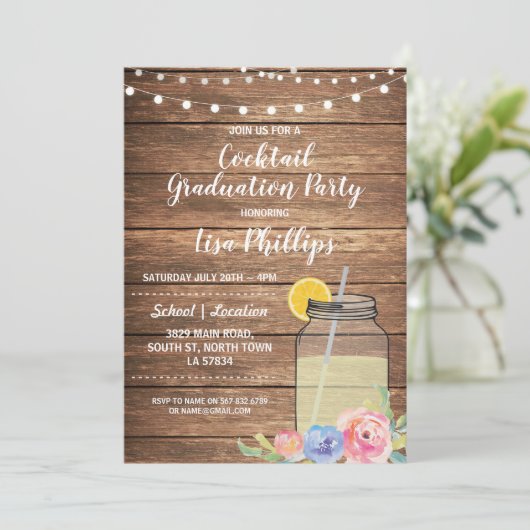 Cocktail Graduation Party Rustic Jar Invitation Kaart (Staand voorkant)