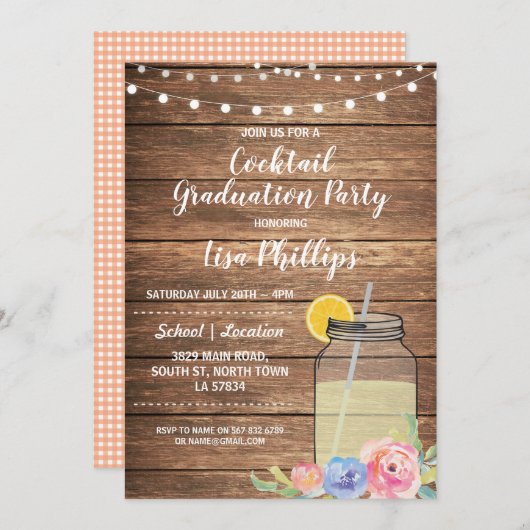 Cocktail Graduation Party Rustic Jar Invitation Kaart (Voorkant / Achterkant)