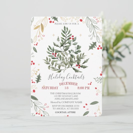 Cocktail Holly Pine Tree takken Kerstmis Kaart (Staand voorkant)
