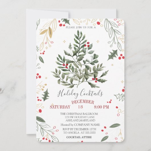 Cocktail Holly Pine Tree takken Kerstmis Kaart (Voorkant)