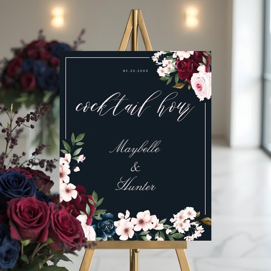Cocktail Hour Waterverf Burgundy Navy Floral Poster