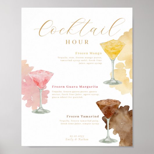 Cocktail Hour Waterverf Cocktails Wedding Menu Poster (Voorkant)