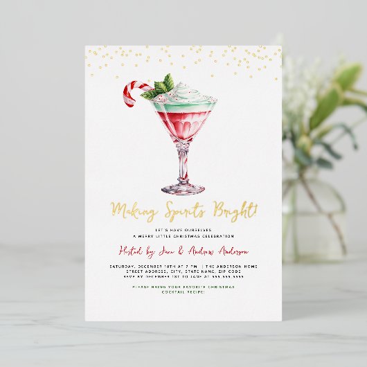 Cocktail Kerstfeest Making Spirits Bright Folie Uitnodiging (Staand Voorkant)