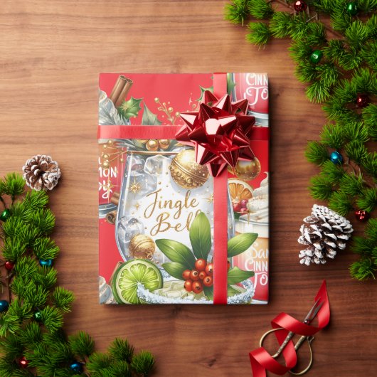 Cocktail Kerstfeest met Dranken op Rood Cadeaupapier (Feestdagen Geschenken)
