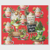 Cocktail Kerstfeest met Dranken op Rood Cadeaupapier (Vlak)