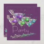 Cocktail martiniglazen paarse glans feestje kaart (Voorkant / Achterkant)