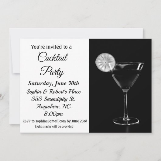 Cocktail Party Elegant Black and White Invitation Kaart (Voorkant)