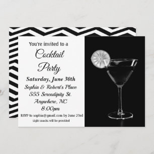 Cocktail Party Elegant Black and White Invitation Kaart