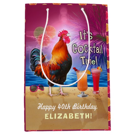 Cocktail Party Tropical Rooster Funny Birthday Medium Cadeauzakje (Voorkant)