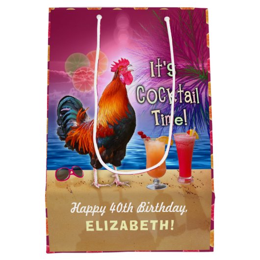 Cocktail Party Tropical Rooster Funny Birthday Medium Cadeauzakje (Achterkant)