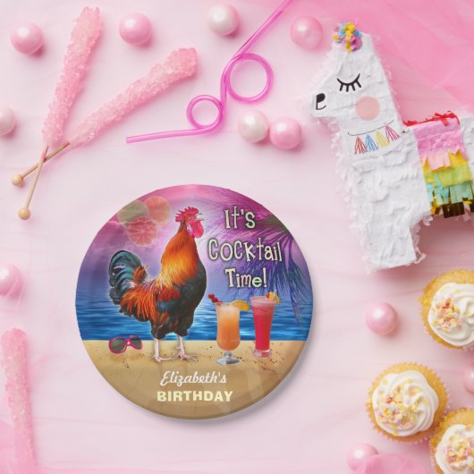 Cocktail Party Tropical Rooster Funny Birthday Papieren Bordje (Feest)