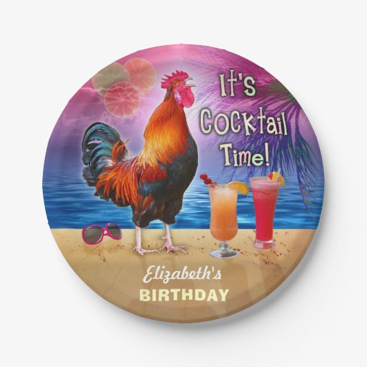 Cocktail Party Tropical Rooster Funny Birthday Papieren Bordje (Voorkant)