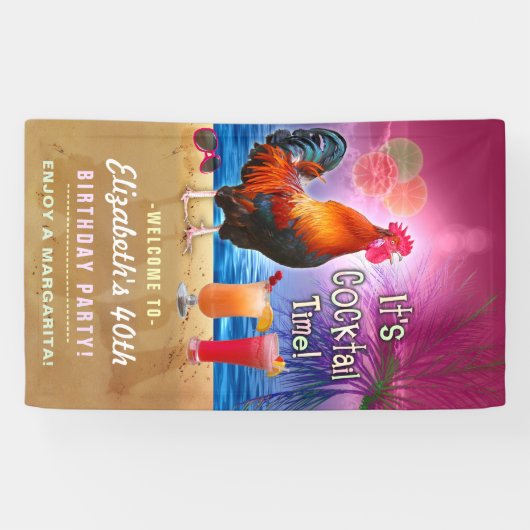 Cocktail Party Tropical Rooster Funny Birthday Spandoek (Horizontaal)