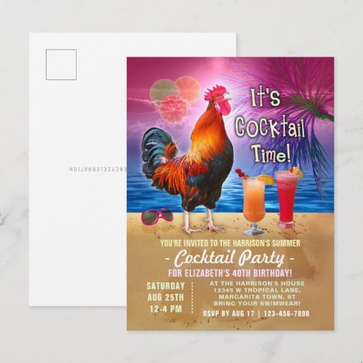 Cocktail Party Tropical Rooster Funny Birthday Uitnodiging Briefkaart (Voorkant / Achterkant)
