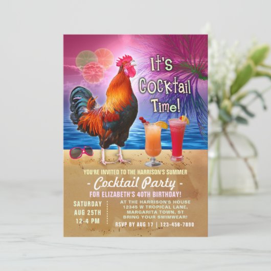 Cocktail Party Tropische Haan Grappige Verjaardag Kaart (Staand voorkant)