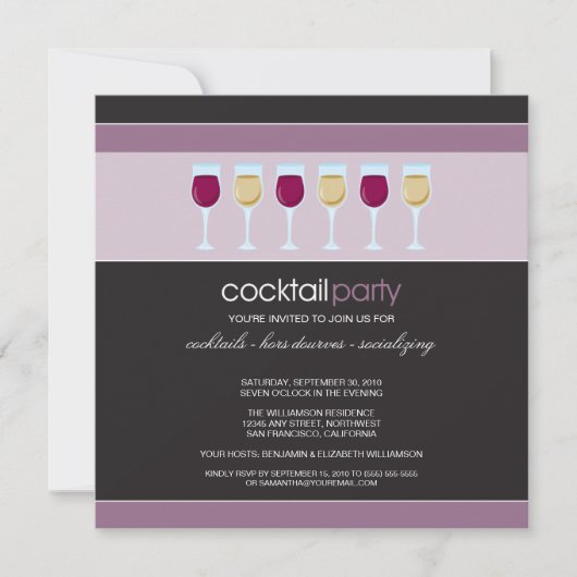 Cocktail Party Wine Glass Invitation (paars) Kaart (Voorkant)