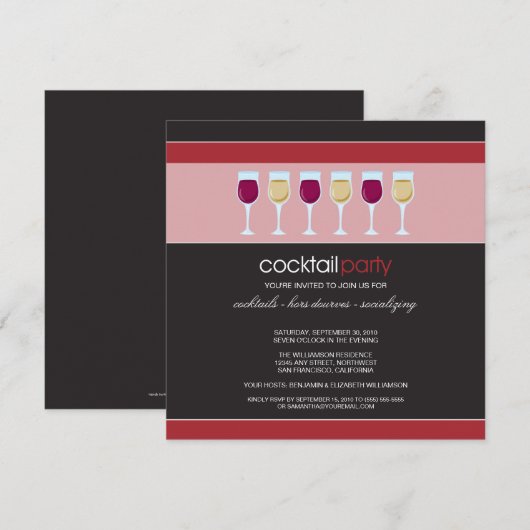 Cocktail Party Wine Glass Invitation (rood) Kaart (Voorkant / Achterkant)