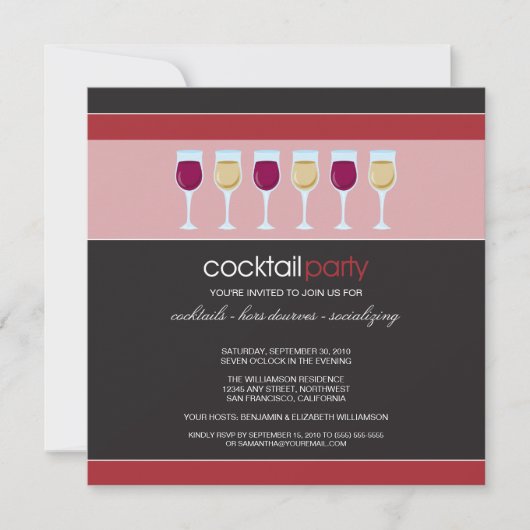 Cocktail Party Wine Glass Invitation (rood) Kaart (Voorkant)