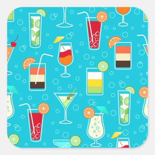 Cocktail Pattern op Blauwgroen achtergrond Vierkante Sticker (Voorkant)