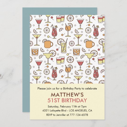 Cocktail Pattern Retro Champagne 51e verjaardag Kaart (Voorkant / Achterkant)