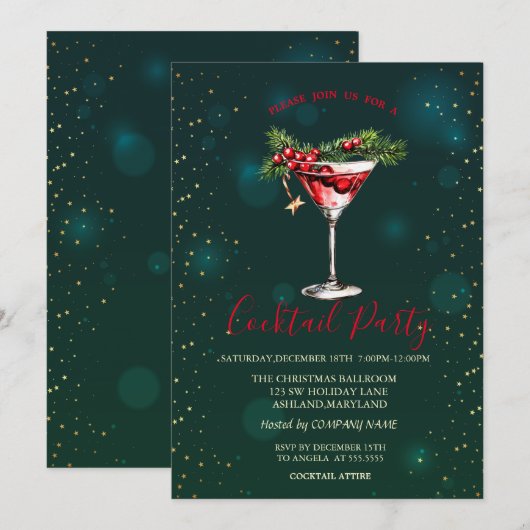 Cocktail Pine Tree Branches Stars Groene Kerst Kaart (Voorkant / Achterkant)