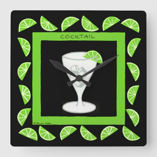 Cocktail Retro Drink groene limieten op zwart Vierkante Klok (Voorkant)