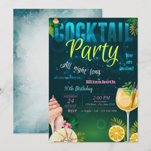 Cocktail, Seashell Summer Birthday Party Kaart (Voorkant / Achterkant)