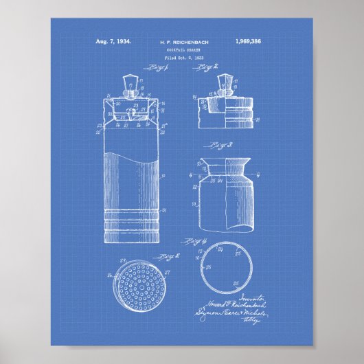 Cocktail Shaker 1934 Patent Art Blueprint Poster (Voorkant)