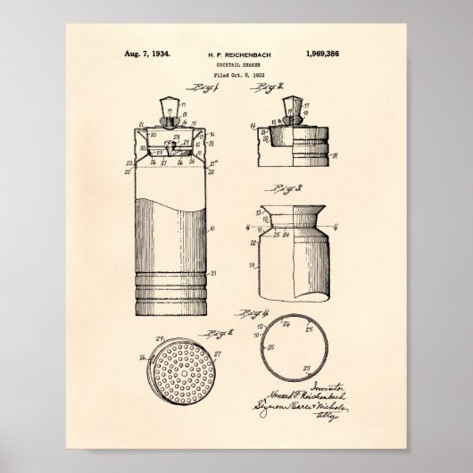 Cocktail Shaker 1934 Patent Art Old Peper Poster (Voorkant)