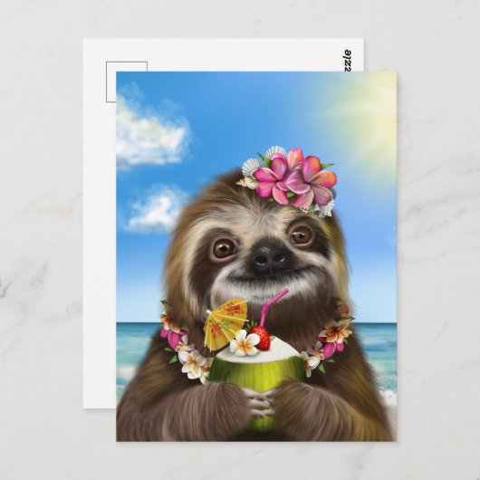 Cocktail Sloth op de strand Briefkaart (Voorkant / Achterkant)