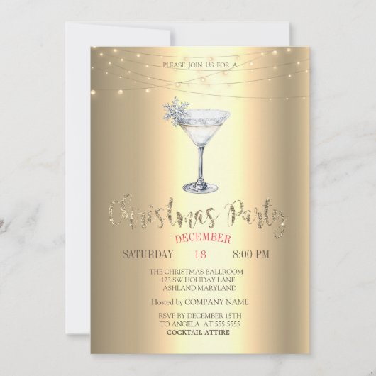 Cocktail Sneeuwvlokje Slingerlichtjes Goud Kerstm Kaart (Voorkant)