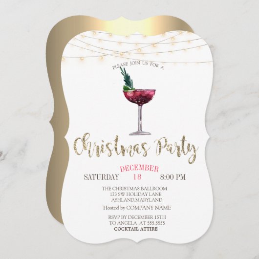 Cocktail, String Lights Gold-kerstbedrijf Kaart (Voorkant / Achterkant)