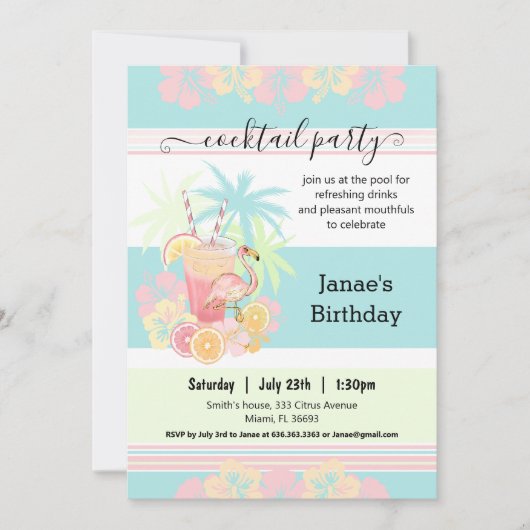 Cocktail Zomer Zwembad Party Blauw Roze Tropisch Kaart (Voorkant)
