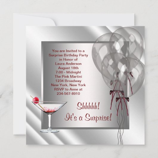Cocktailballonnen Red Surprise verjaardagsfeestje Kaart (Achterkant)