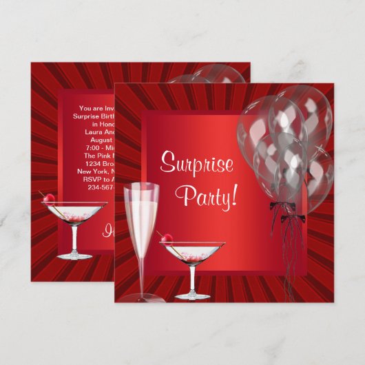 Cocktailballonnen Red Surprise verjaardagsfeestje Kaart (Voorkant / Achterkant)