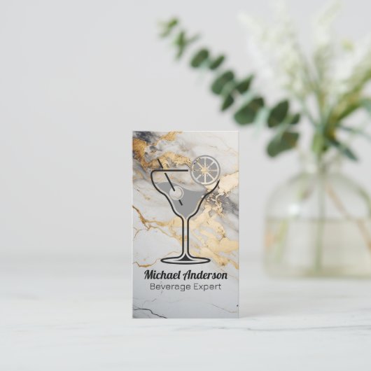 Cocktaildrank Illustratie | Goud Folie Marmer Visitekaartje (Staand voorkant)