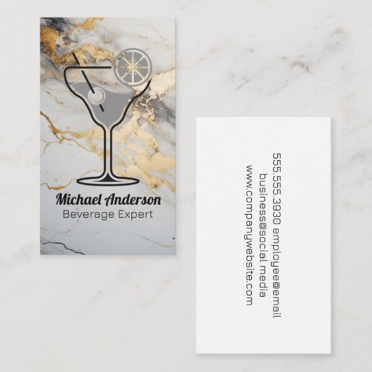 Cocktaildrank Illustratie | Goud Folie Marmer Visitekaartje (Voorkant / Achterkant)