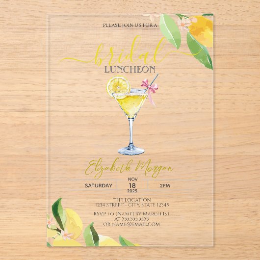 Cocktailglas Citroen Bruids Luncheon Acryl Uitnodigingen (Voorkant)
