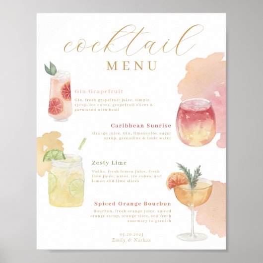 Cocktailmenu Aquarel Bruiloftsbar Drankmenu Poster (Voorkant)