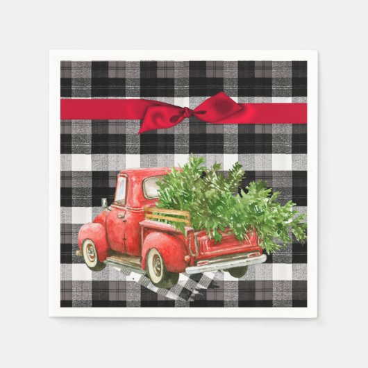 Cocktailpapier servet XMAS Truck Buffalo Plaid Bla (Voorkant)