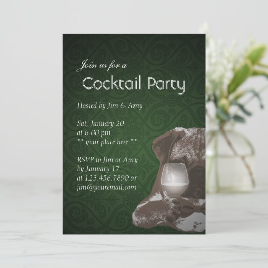 Cocktailparty Groene Damast Pug & Fijne Wijn Kaart (Staand voorkant)