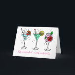 Cocktails Celebrate Birthday Kaart<br><div class="desc">illustratie van pastelkleurige cocktaildrinken met luchtbellen en magnetrons,  plakjes sinaasappels en citroenen en ijsblokjes. De tekst luidt: "Ze heeft het gevierd - met cocktails" en binnenin staat "Happy Birthday". Pas deze kaart eenvoudig aan door de tekst van de sjabloon te bewerken. Bedankt om mijn design te bekijken. Cheers!</div>
