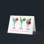Cocktails Celebrate Birthday Kaart<br><div class="desc">illustratie van pastelkleurige cocktaildrinken met luchtbellen en magnetrons,  plakjes sinaasappels en citroenen en ijsblokjes. De tekst luidt: "Ze heeft het gevierd - met cocktails" en binnenin staat "Happy Birthday". Pas deze kaart eenvoudig aan door de tekst van de sjabloon te bewerken. Bedankt om mijn design te bekijken. Cheers!</div>
