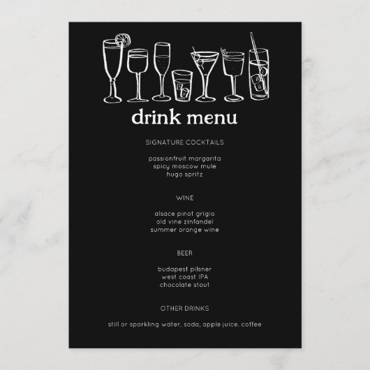 Cocktails Doodle Sketch Modern B&W CUSTOM Drink Menu (Voorkant)