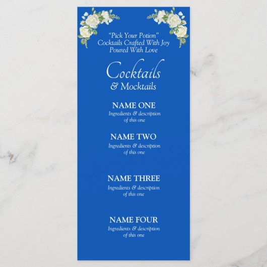 Cocktails Drinken Menu Kaart- Kobalt Blauw & Wit (Voorkant)
