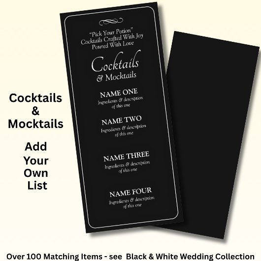 Cocktails Drinks Menu Card - Black White Infinity 