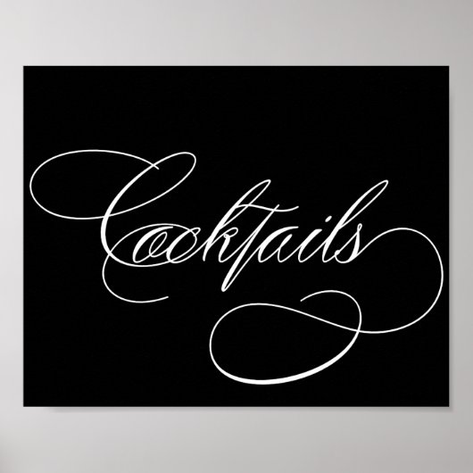 cocktails | Elegant Wit Script op Zwart Bar Teken Poster (Voorkant)